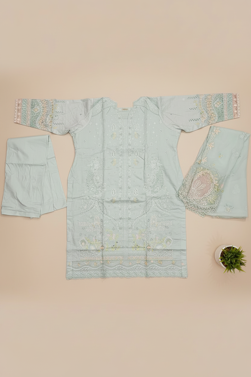 AA Premium Cotton Suit | Feminine Floral Detailing | Pistachio Green Soft Luxury Festive Pret