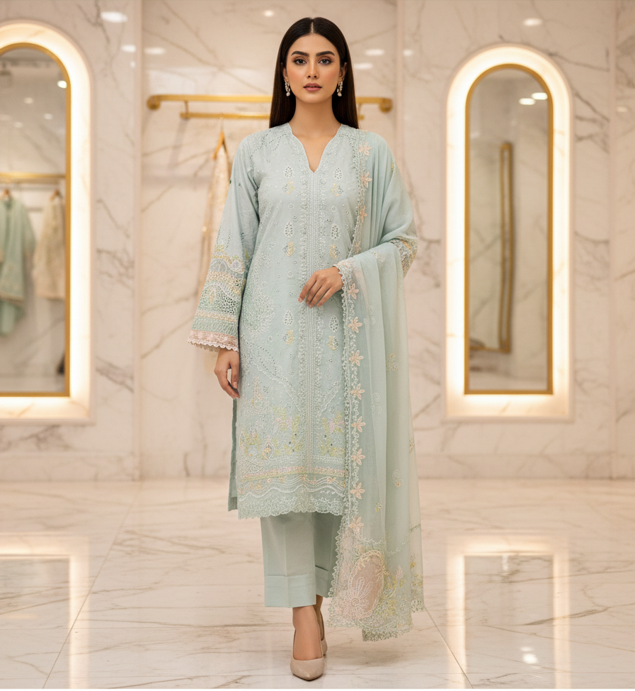AA Premium Cotton Suit | Feminine Floral Detailing | Pistachio Green Soft Luxury Festive Pret