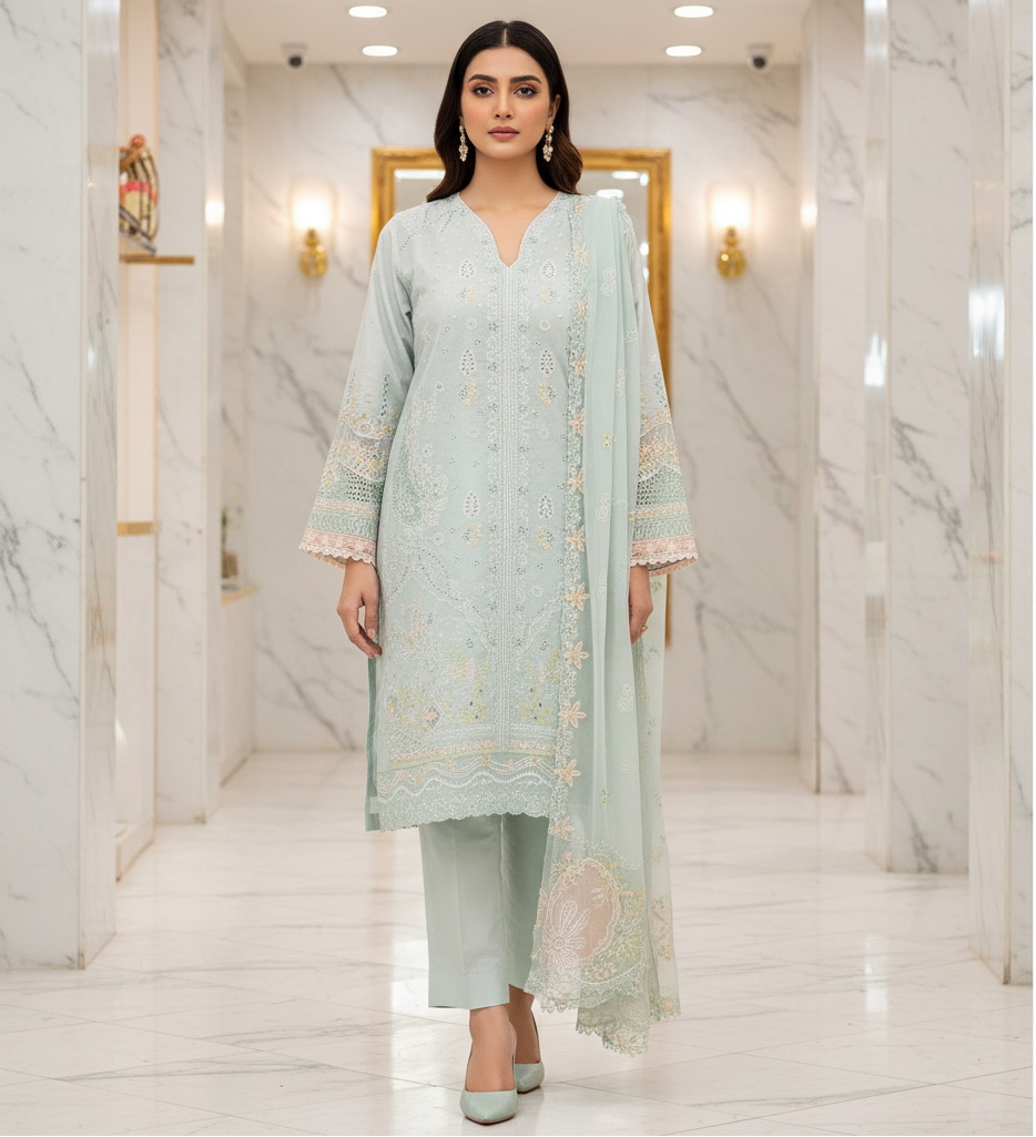 AA Premium Cotton Suit | Feminine Floral Detailing | Pistachio Green Soft Luxury Festive Pret