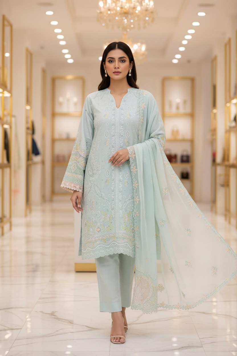 AA Premium Cotton Suit | Feminine Floral Detailing | Pistachio Green Soft Luxury Festive Pret