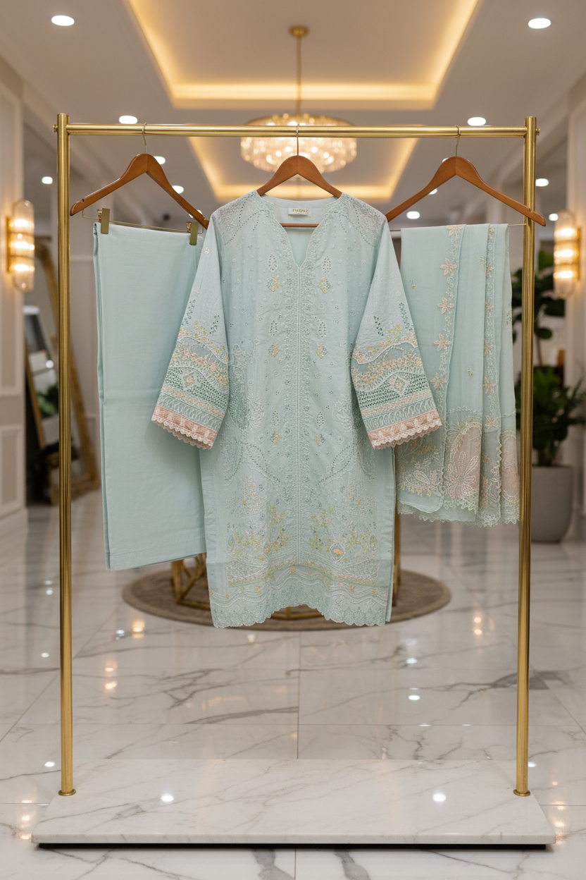AA Premium Cotton Suit | Feminine Floral Detailing | Pistachio Green Soft Luxury Festive Pret