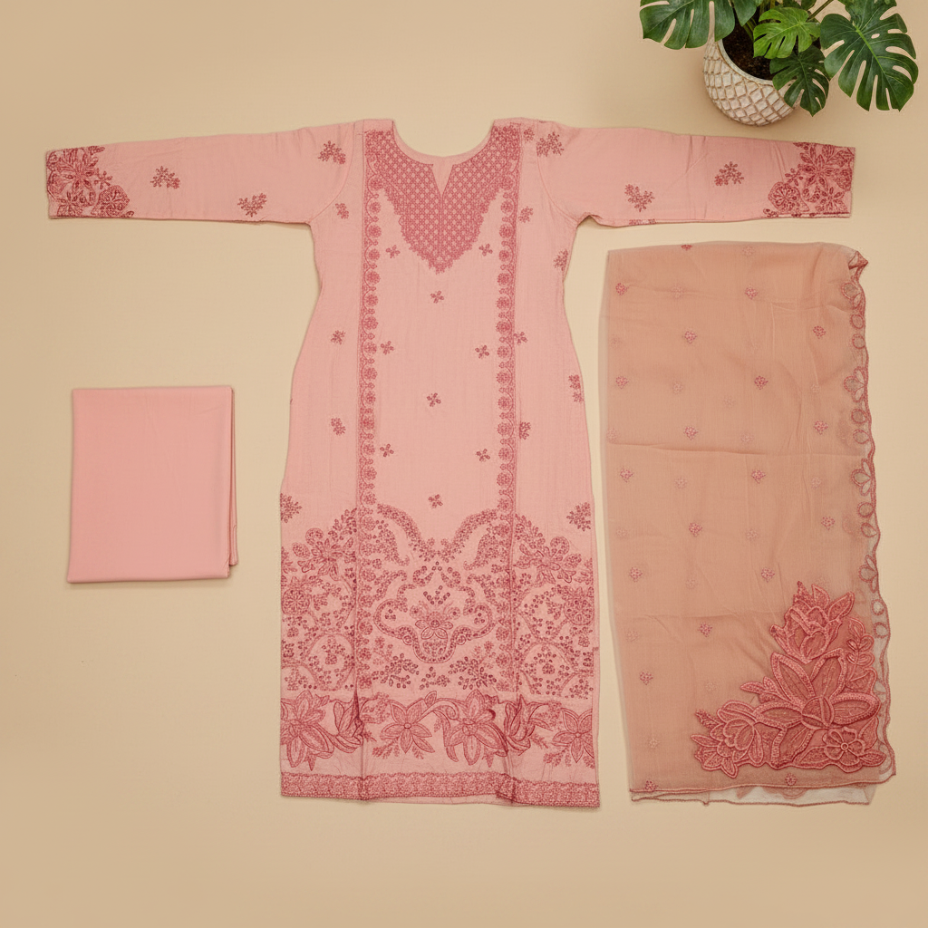 Soft Peach Pink Pret | Tonal Floral Threadwork Suit | Plus Sizes | Eid and Casual Wear