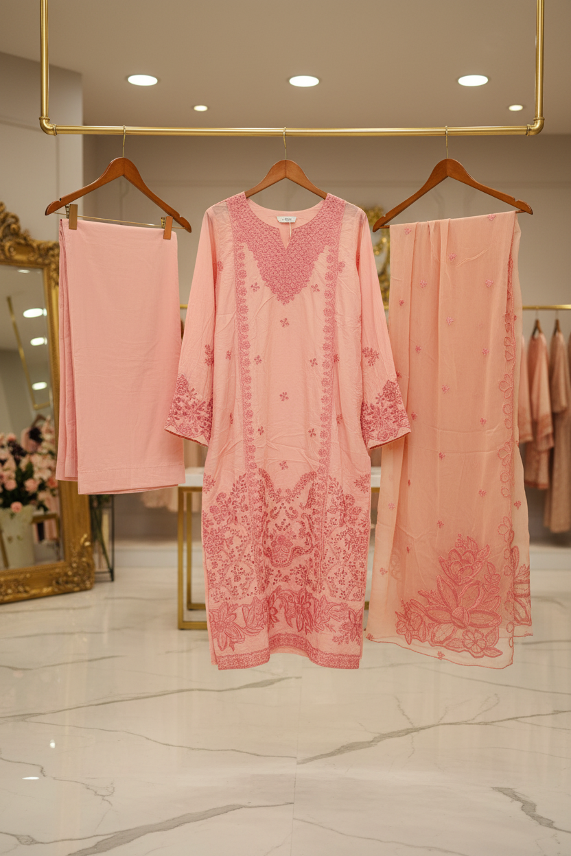 Soft Peach Pink Pret | Tonal Floral Threadwork Suit | Plus Sizes | Eid and Casual Wear