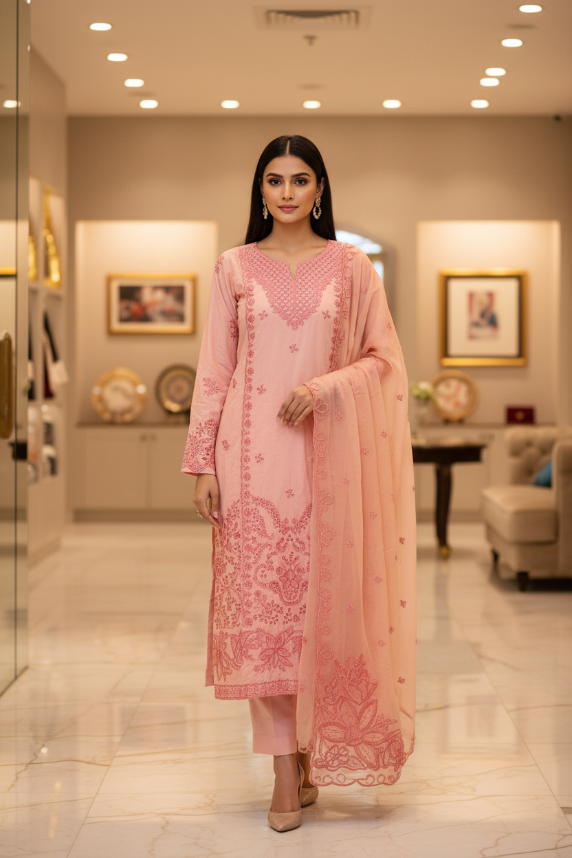 Soft Peach Pink Pret | Tonal Floral Threadwork Suit | Plus Sizes | Eid and Casual Wear