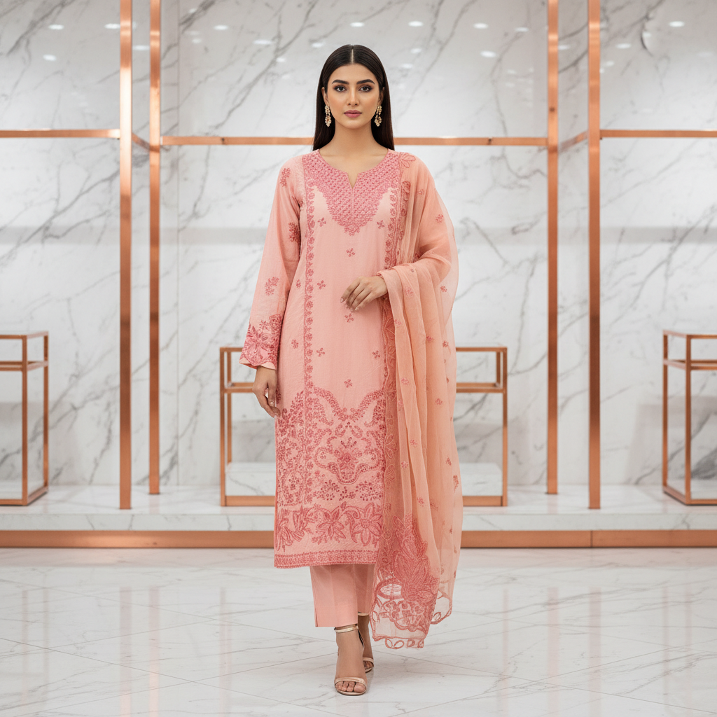 Soft Peach Pink Pret | Tonal Floral Threadwork Suit | Plus Sizes | Eid and Casual Wear
