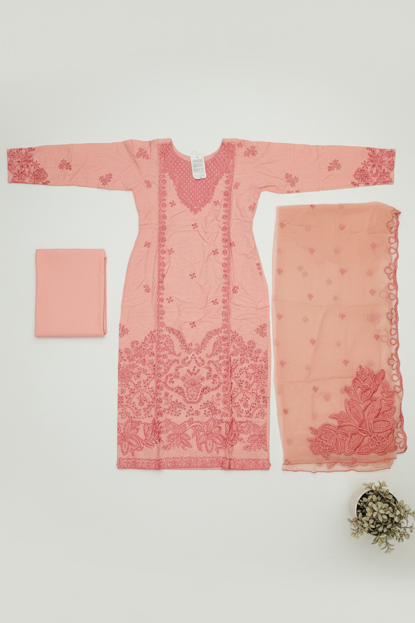 Soft Peach Pink Pret | Tonal Floral Threadwork Suit | Plus Sizes | Eid and Casual Wear