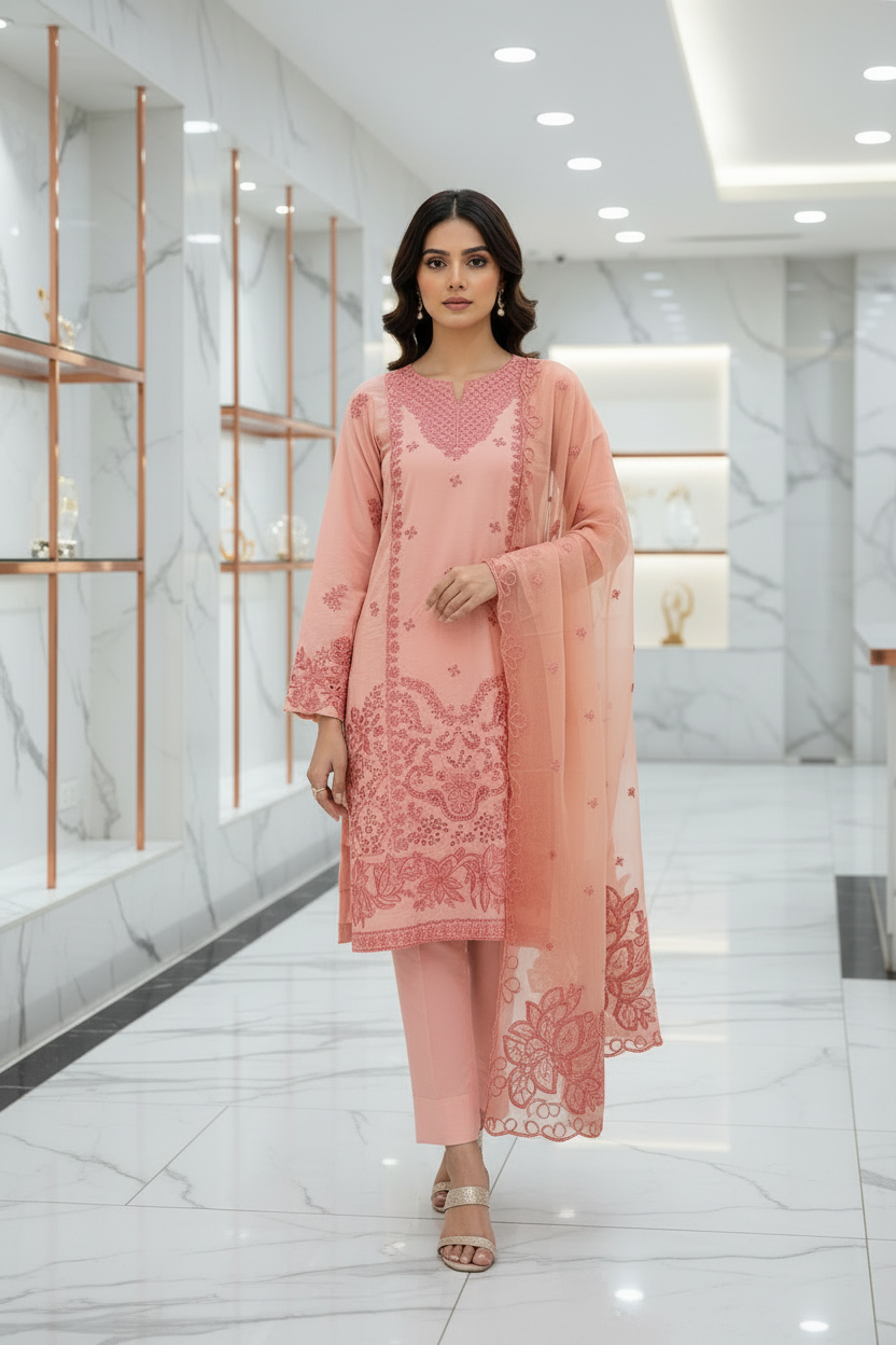 Soft Peach Pink Pret | Tonal Floral Threadwork Suit | Plus Sizes | Eid and Casual Wear