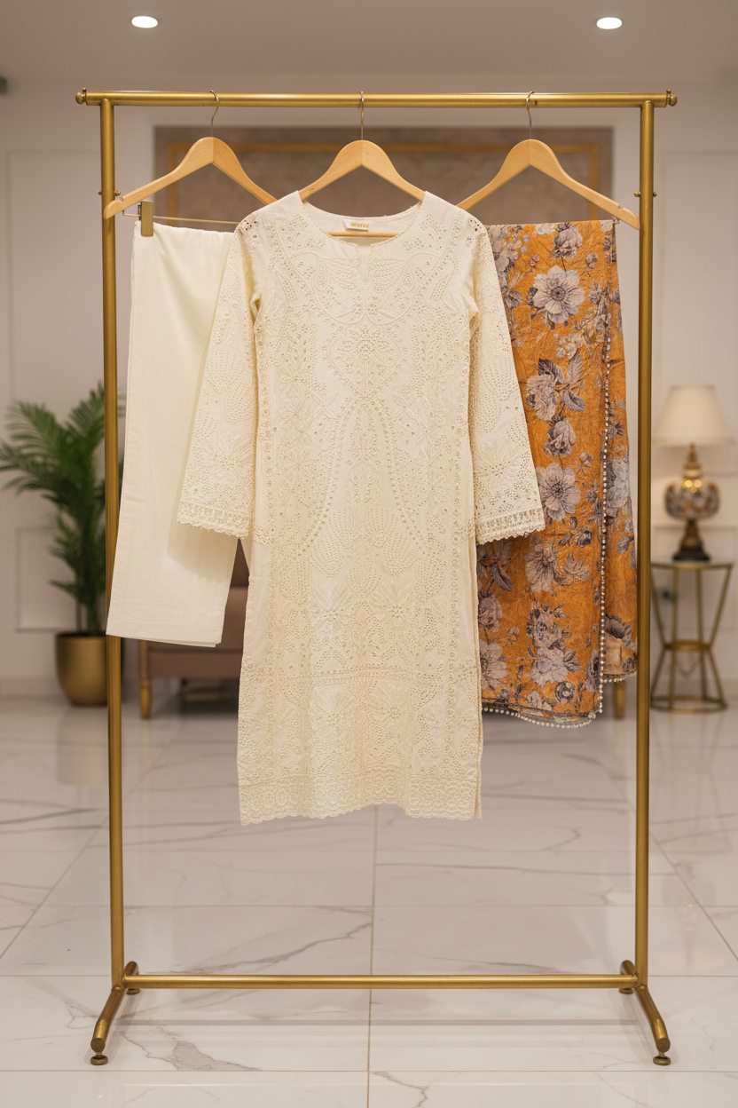 Mystic Cream Festive Suit | Geometric Cutwork & Eyelet Illusion | Botanical Print Dupatta | Plus Sizes | Eid and Casual Wear