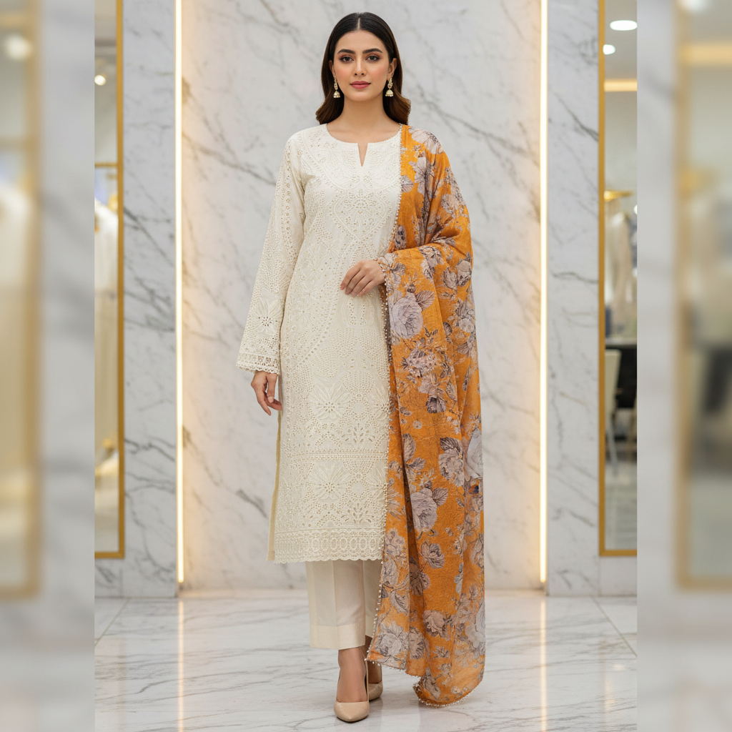 Mystic Cream Festive Suit | Geometric Cutwork & Eyelet Illusion | Botanical Print Dupatta | Plus Sizes | Eid and Casual Wear