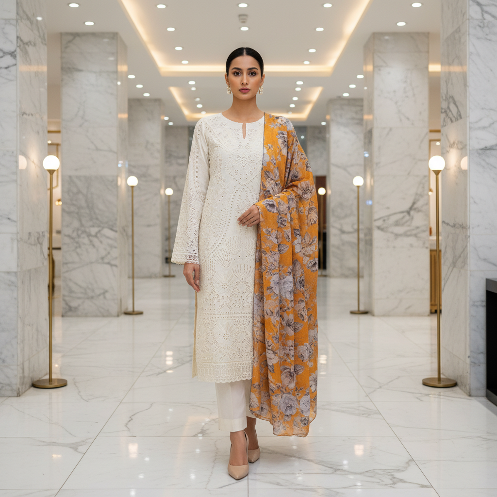 Mystic Cream Festive Suit | Geometric Cutwork & Eyelet Illusion | Botanical Print Dupatta | Plus Sizes | Eid and Casual Wear