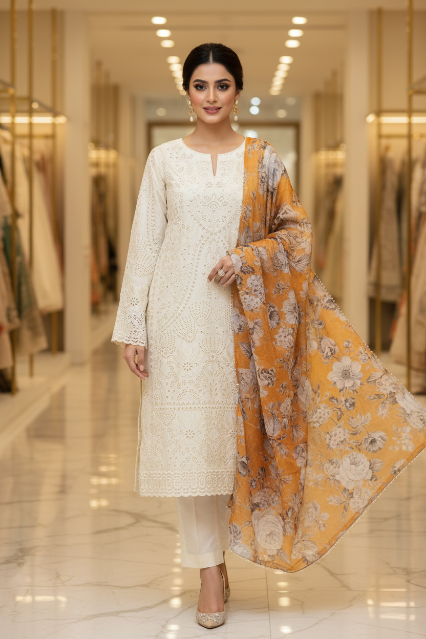 Mystic Cream Festive Suit | Geometric Cutwork & Eyelet Illusion | Botanical Print Dupatta | Plus Sizes | Eid and Casual Wear