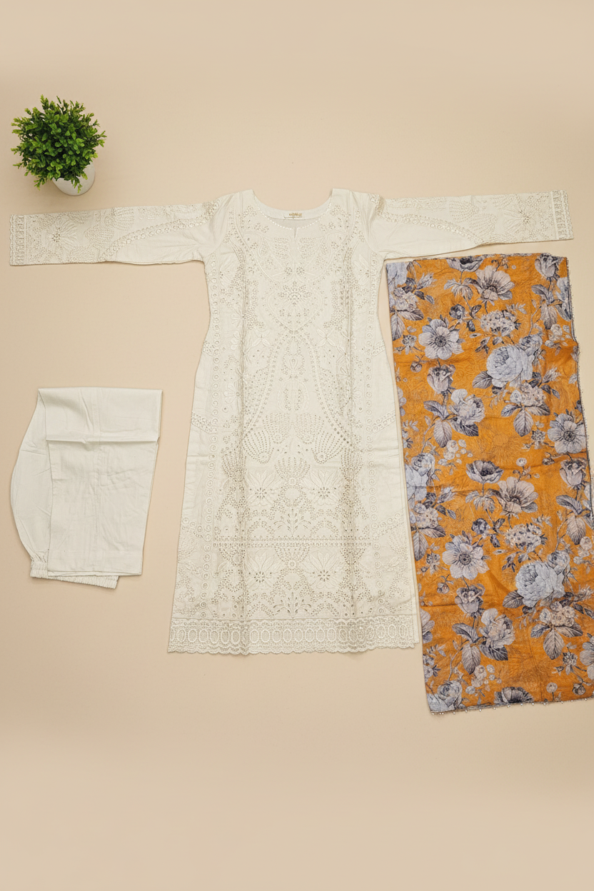 Mystic Cream Festive Suit | Geometric Cutwork & Eyelet Illusion | Botanical Print Dupatta | Plus Sizes | Eid and Casual Wear