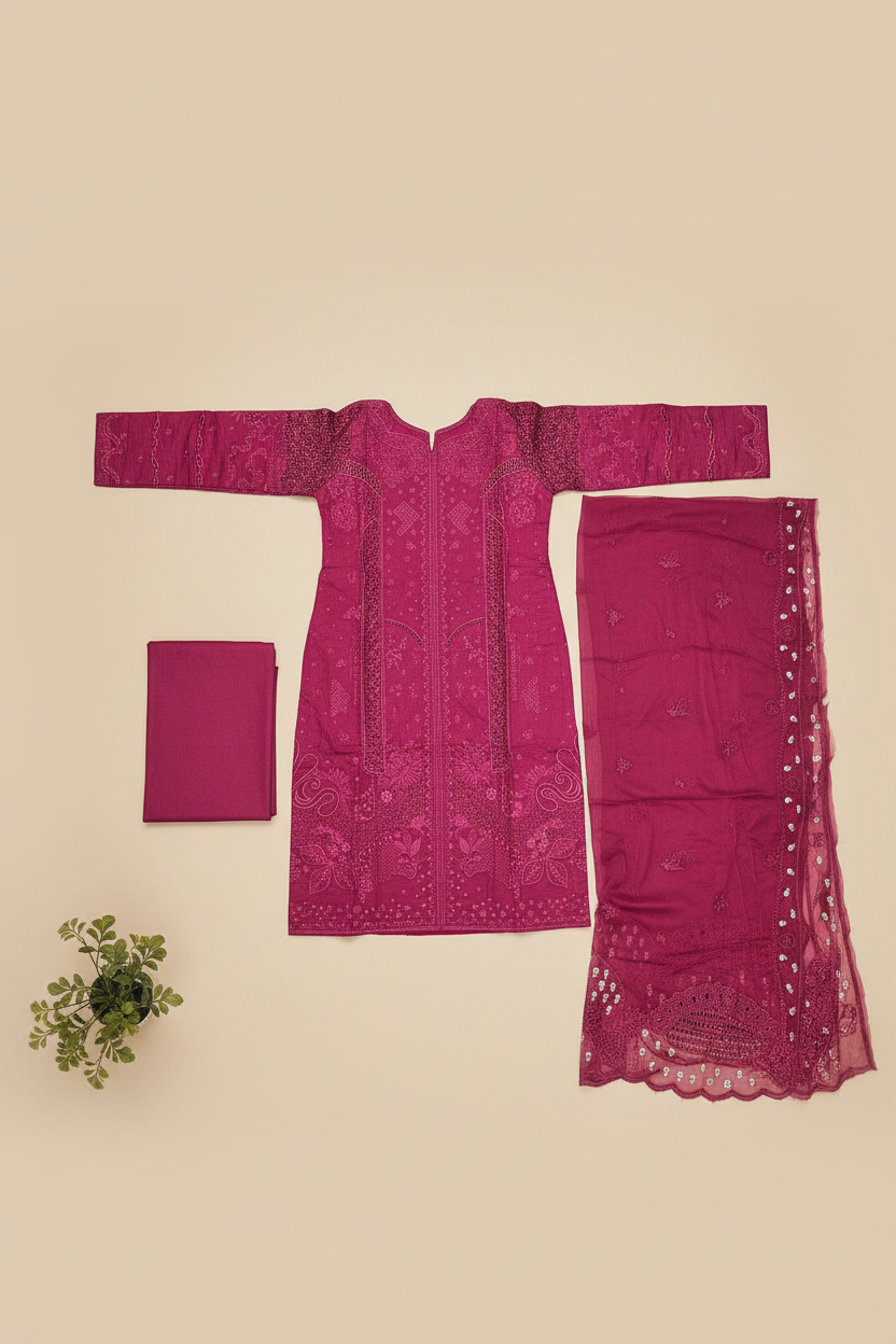 Suffuse Cotton Suit | Raspberry Pink Rich Tonal Work | Ornamental Embroidery Mapping | Luxury Festive Days
