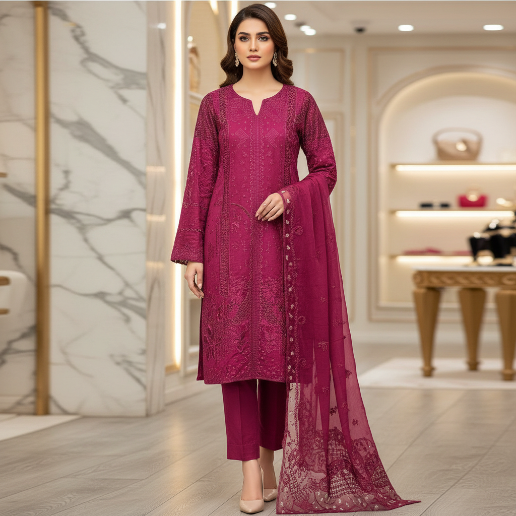 Suffuse Cotton Suit | Raspberry Pink Rich Tonal Work | Ornamental Embroidery Mapping | Luxury Festive Days
