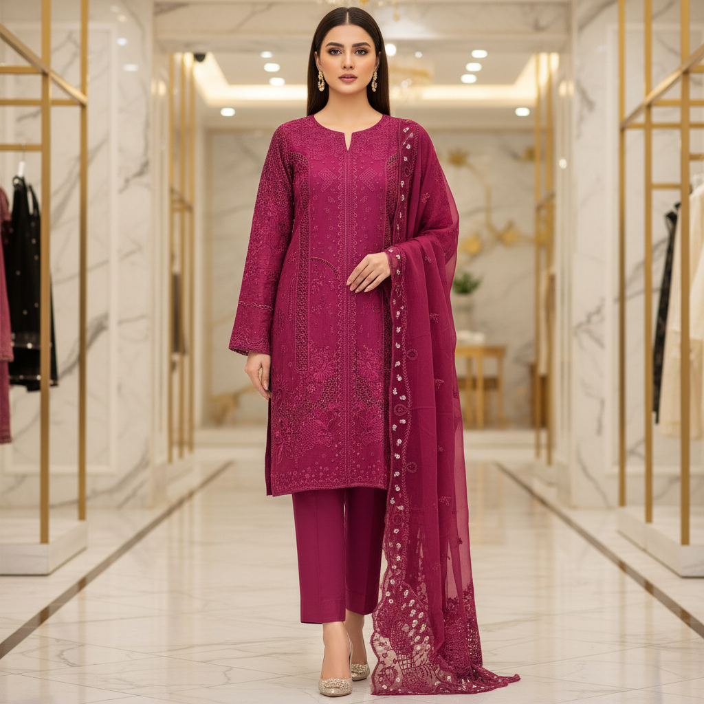 Suffuse Cotton Suit | Raspberry Pink Rich Tonal Work | Ornamental Embroidery Mapping | Luxury Festive Days