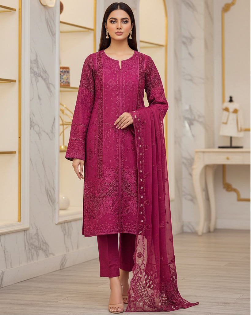 Suffuse Cotton Suit | Raspberry Pink Rich Tonal Work | Ornamental Embroidery Mapping | Luxury Festive Days