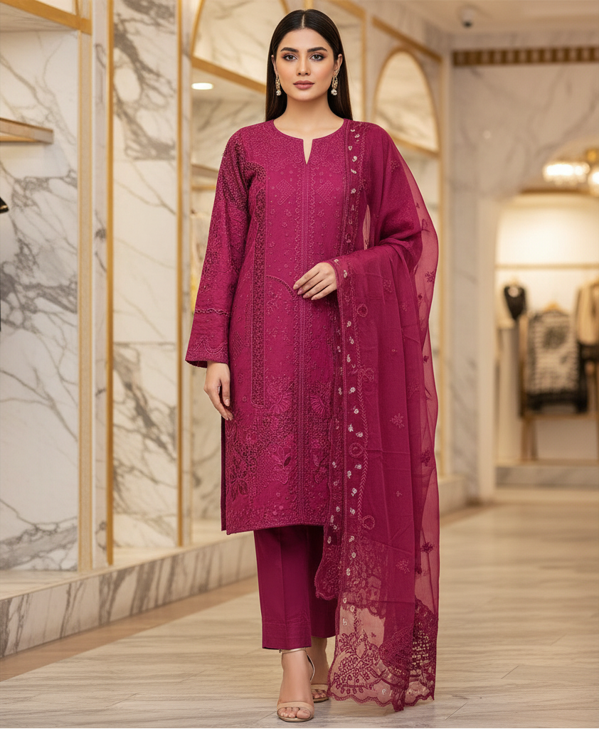 Suffuse Cotton Suit | Raspberry Pink Rich Tonal Work | Ornamental Embroidery Mapping | Luxury Festive Days