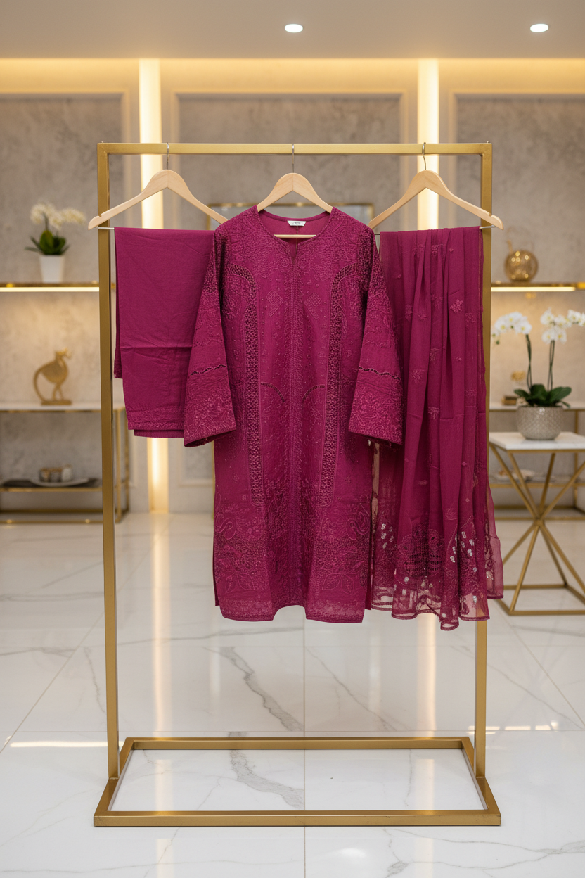 Suffuse Cotton Suit | Raspberry Pink Rich Tonal Work | Ornamental Embroidery Mapping | Luxury Festive Days