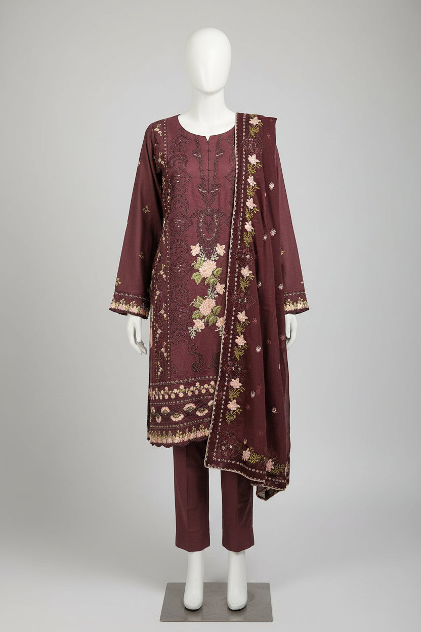 QMR Cocoa Bean Linen Suit | Symmetrical Embroidery with Blush Floral Bouquets, Ornamental Geometric Threadwork and Vintage Floral Motifs | Festive Days and Family Gatherings