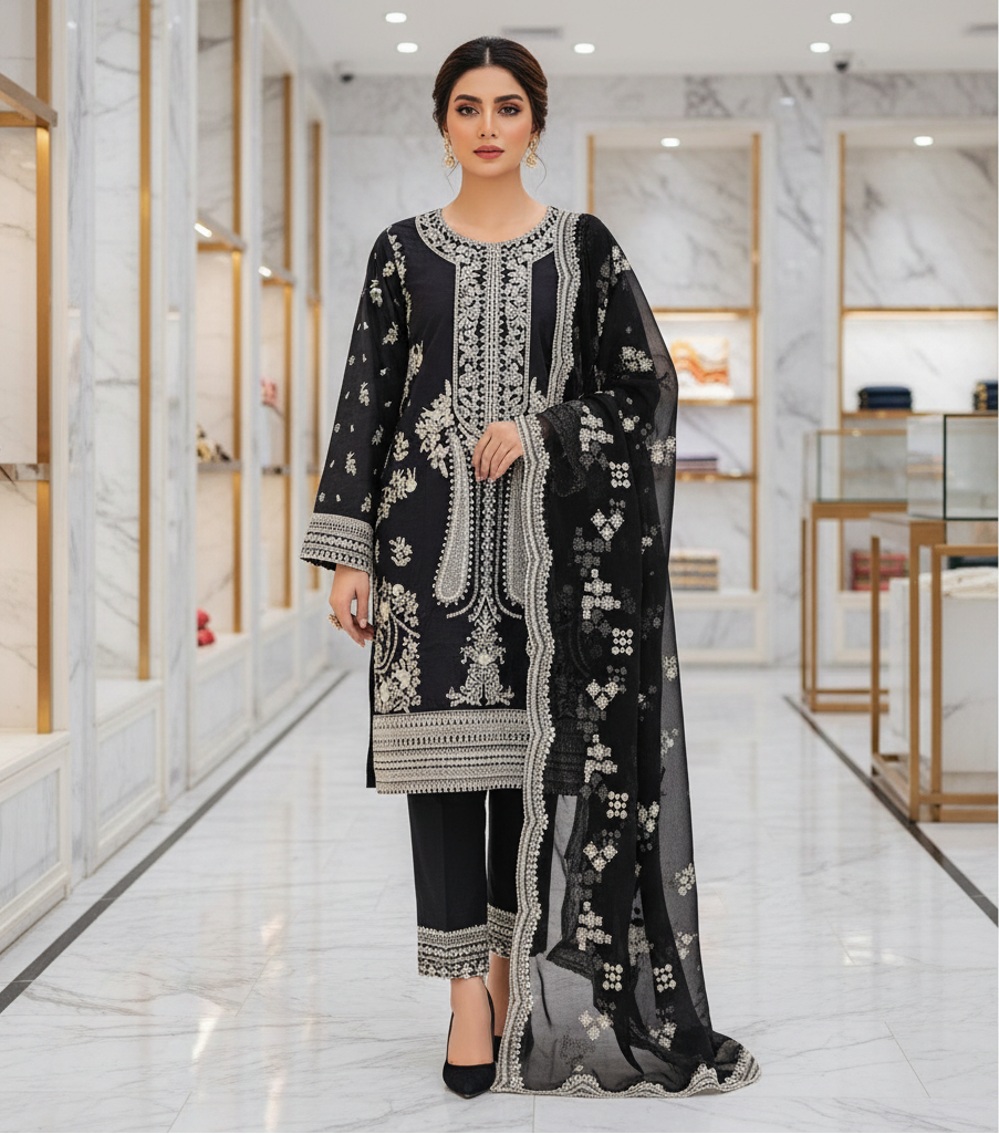 The Black Loom Statement: Heavy Cream Threadwork on Black Premium Cotton – Floral & Geometric Embroidery | Festive Eid Formal Suit