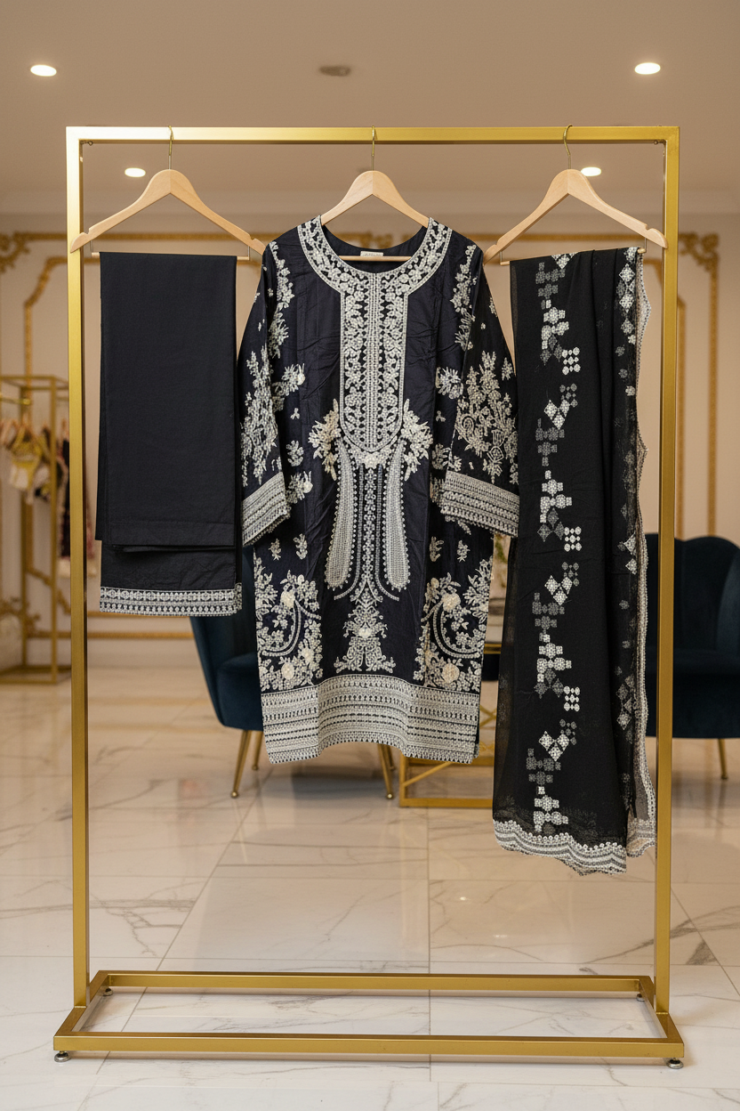 The Black Loom Statement: Heavy Cream Threadwork on Black Premium Cotton – Floral & Geometric Embroidery | Festive Eid Formal Suit