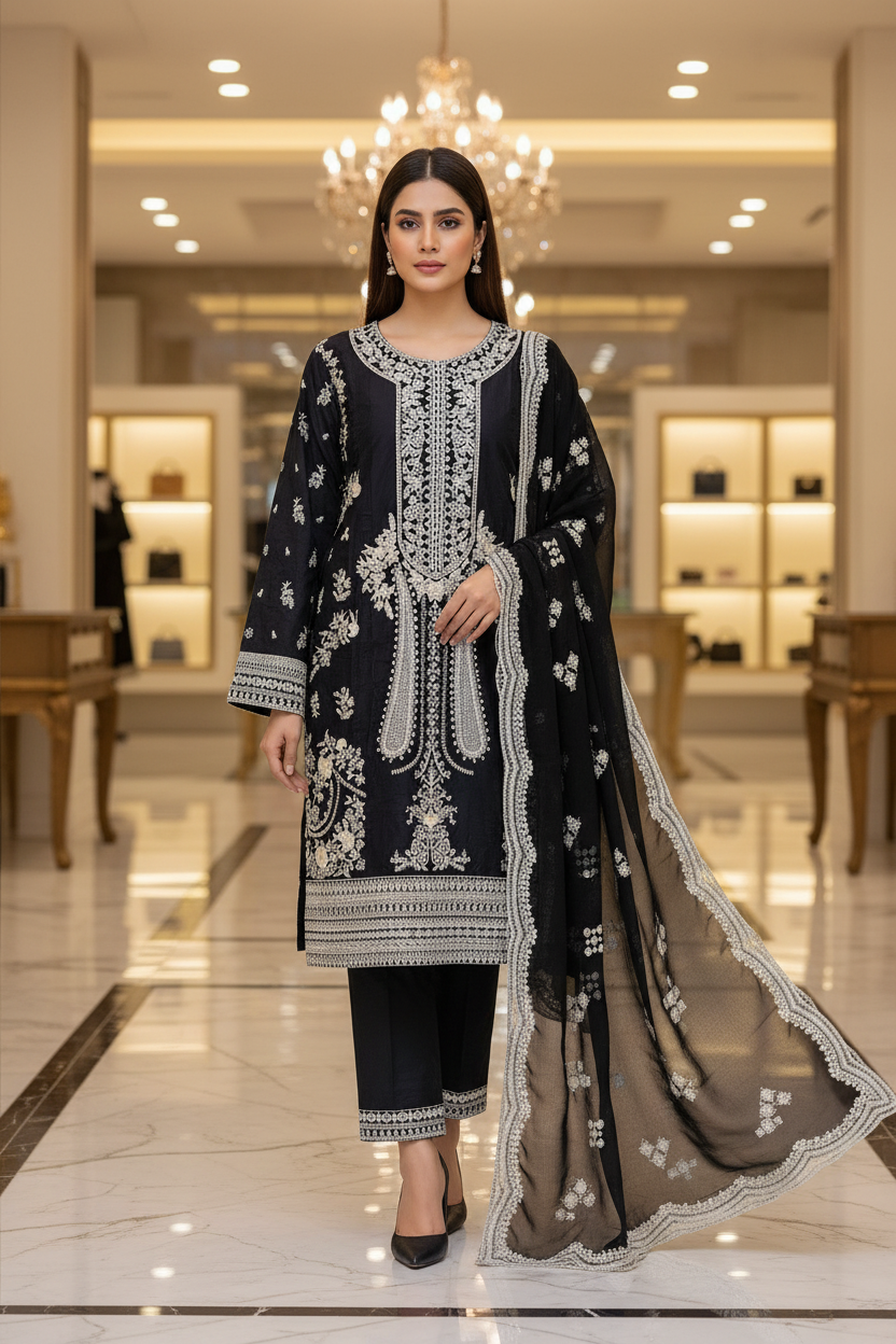 The Black Loom Statement: Heavy Cream Threadwork on Black Premium Cotton – Floral & Geometric Embroidery | Festive Eid Formal Suit