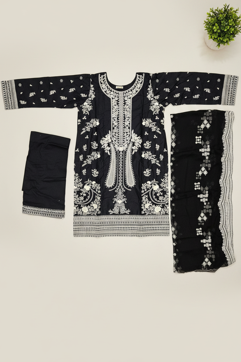 The Black Loom Statement: Heavy Cream Threadwork on Black Premium Cotton – Floral & Geometric Embroidery | Festive Eid Formal Suit