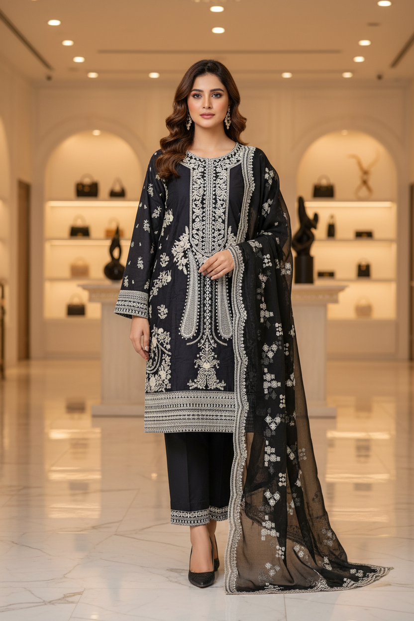 The Black Loom Statement: Heavy Cream Threadwork on Black Premium Cotton – Floral & Geometric Embroidery | Festive Eid Formal Suit