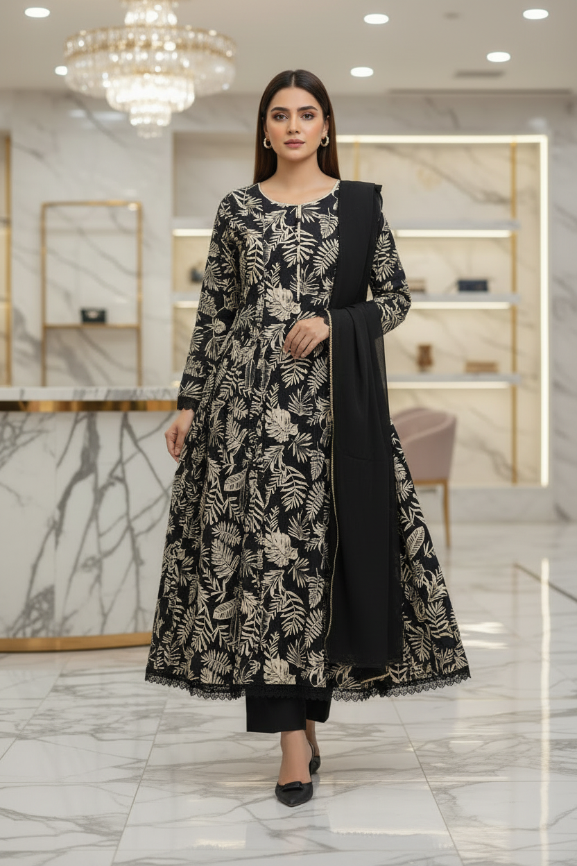 Deep Charcoal Monochrome Dress | Off White Print | 100% Cotton Soft Feminine Frock Silhouette | Plus Size Casual, Semi-Formal, Festive and Eid Outfit