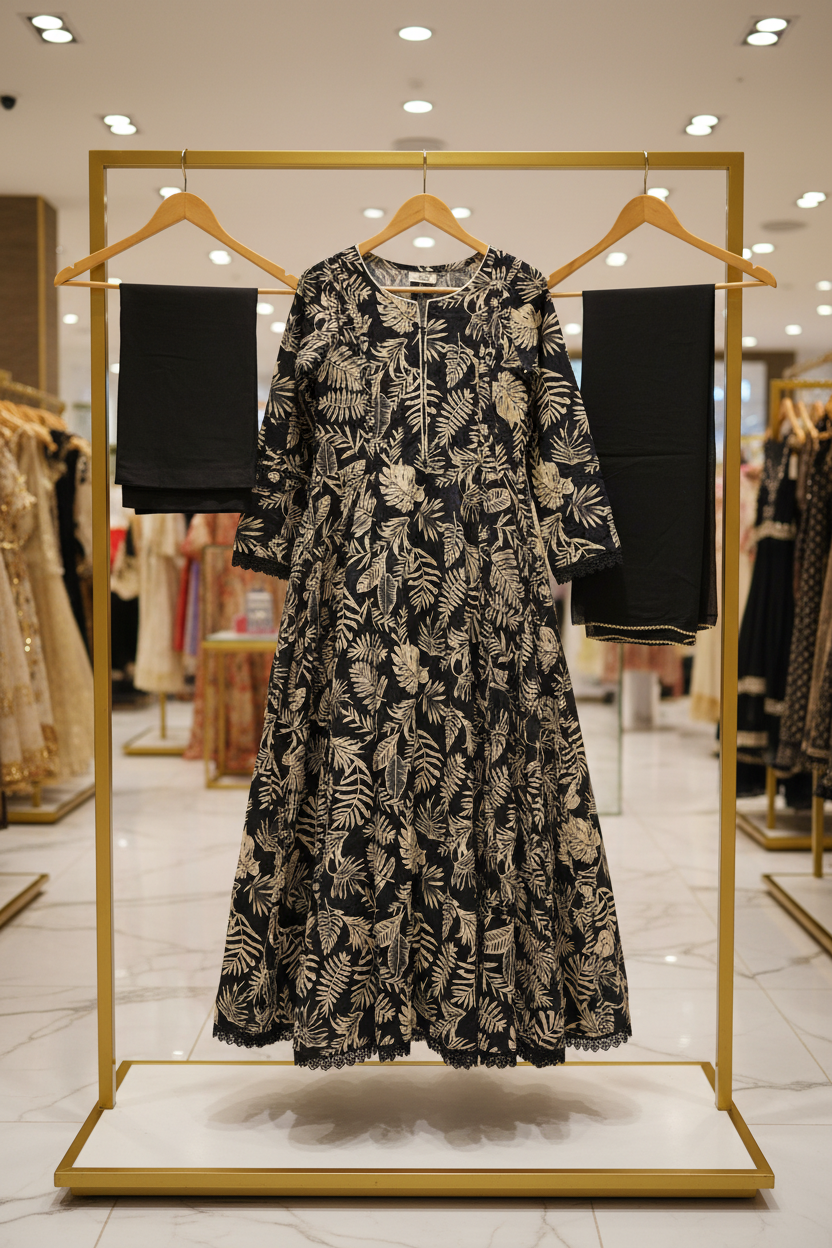 Deep Charcoal Monochrome Dress | Off White Print | 100% Cotton Soft Feminine Frock Silhouette | Plus Size Casual, Semi-Formal, Festive and Eid Outfit