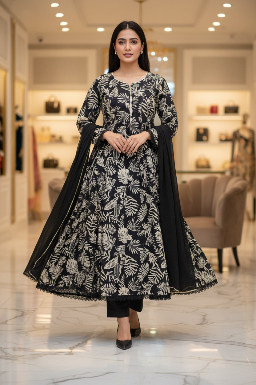 Deep Charcoal Monochrome Dress | Off White Print | 100% Cotton Soft Feminine Frock Silhouette | Plus Size Casual, Semi-Formal, Festive and Eid Outfit