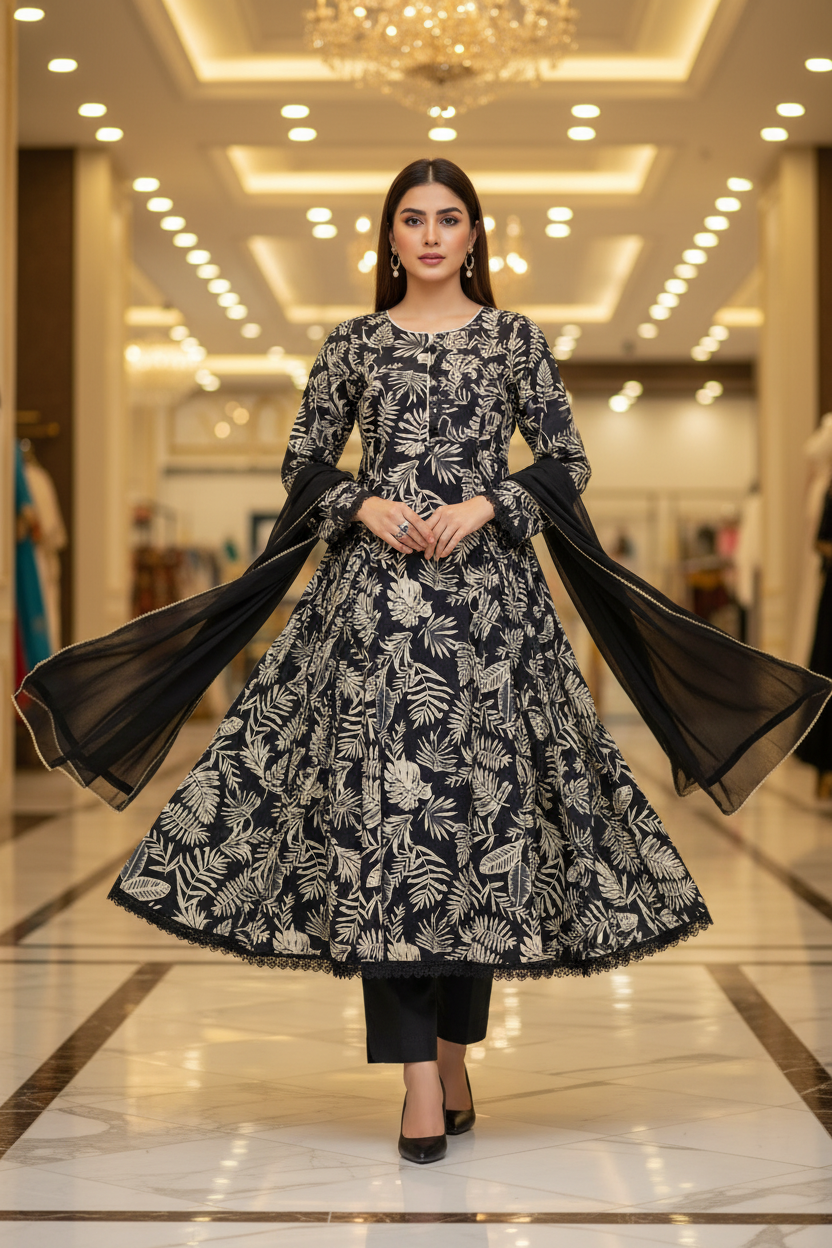 Deep Charcoal Monochrome Dress | Off White Print | 100% Cotton Soft Feminine Frock Silhouette | Plus Size Casual, Semi-Formal, Festive and Eid Outfit