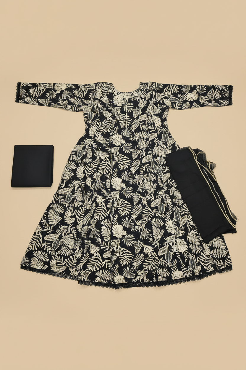 Deep Charcoal Monochrome Dress | Off White Print | 100% Cotton Soft Feminine Frock Silhouette | Plus Size Casual, Semi-Formal, Festive and Eid Outfit