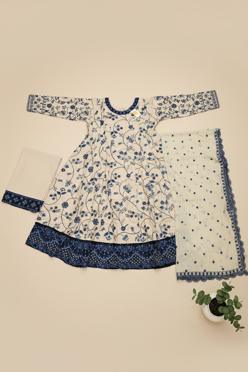 ETHN Butter Yellow , Pale Gray & Muted Periwinkle | Floral Embroidered Linen Dress | Flared Silhouette | Understated Festive Sophistication