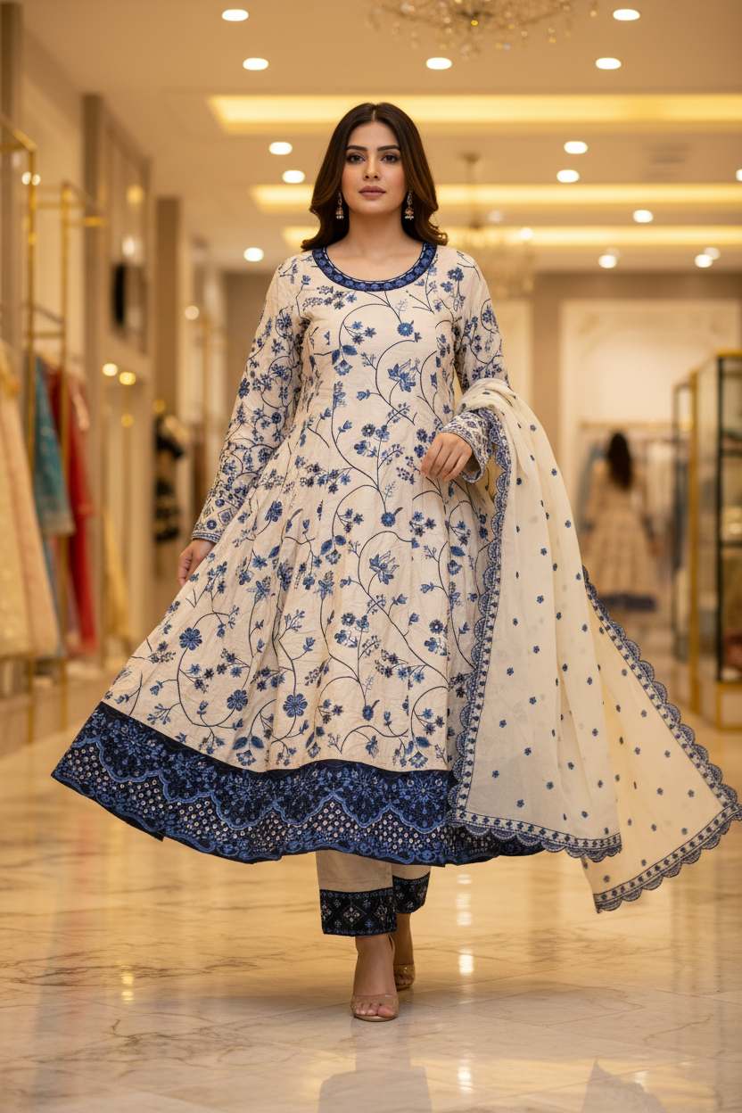 ETHN Butter Yellow , Pale Gray & Muted Periwinkle | Floral Embroidered Linen Dress | Flared Silhouette | Understated Festive Sophistication