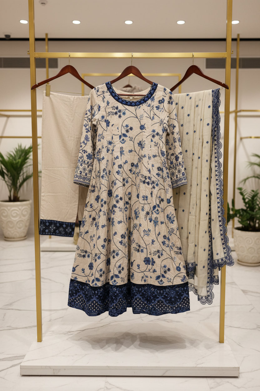 ETHN Butter Yellow , Pale Gray & Muted Periwinkle | Floral Embroidered Linen Dress | Flared Silhouette | Understated Festive Sophistication