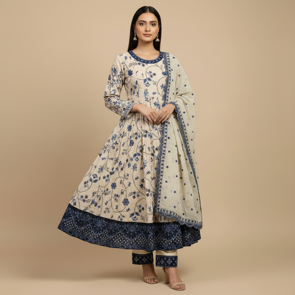ETHN Butter Yellow , Pale Gray & Muted Periwinkle | Floral Embroidered Linen Dress | Flared Silhouette | Understated Festive Sophistication