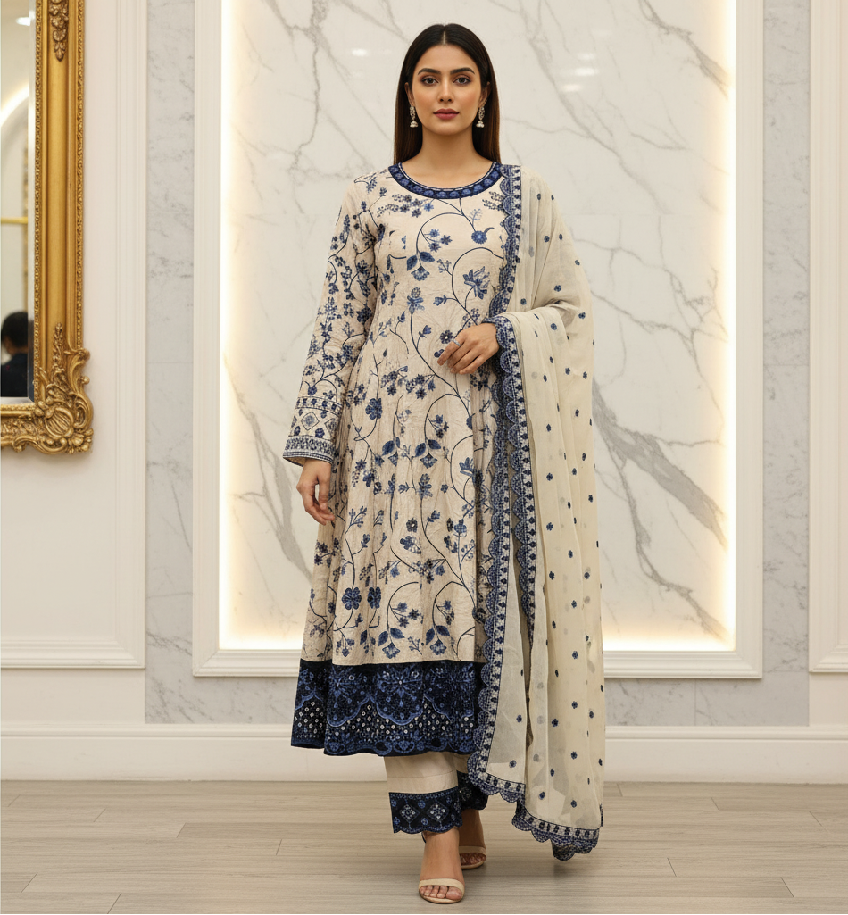 ETHN Butter Yellow , Pale Gray & Muted Periwinkle | Floral Embroidered Linen Dress | Flared Silhouette | Understated Festive Sophistication