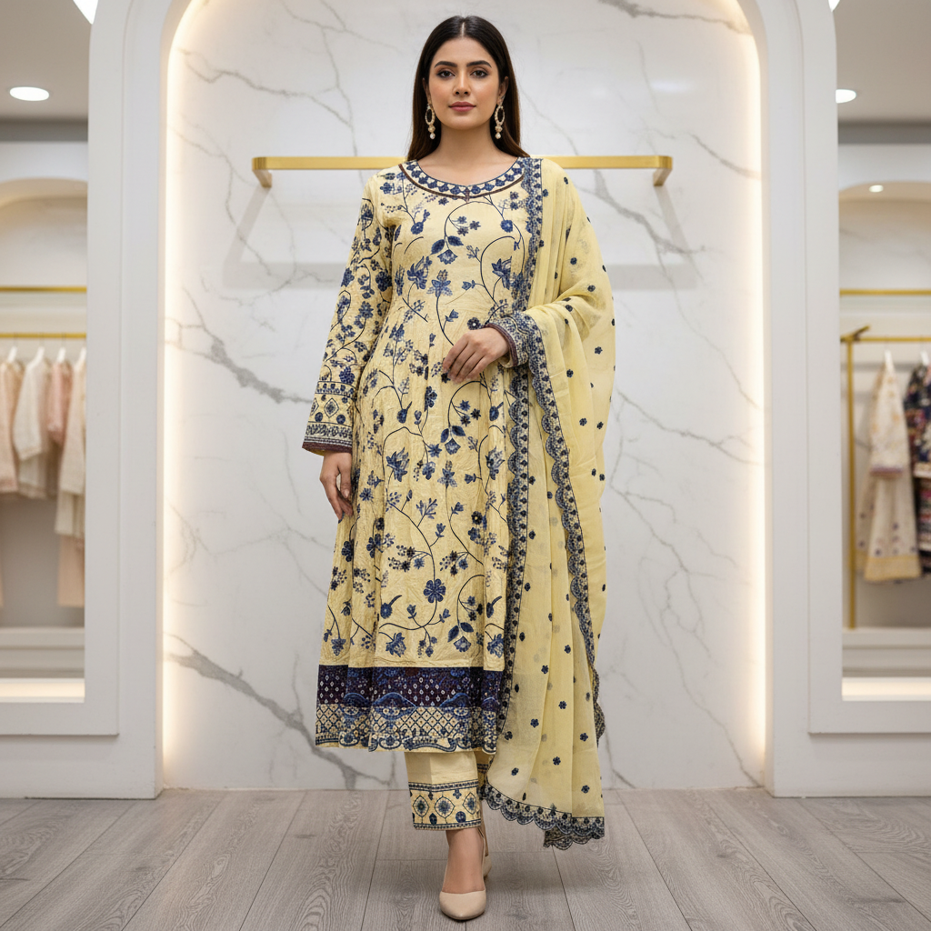 ETHN Butter Yellow , Pale Gray & Muted Periwinkle | Floral Embroidered Linen Dress | Flared Silhouette | Understated Festive Sophistication