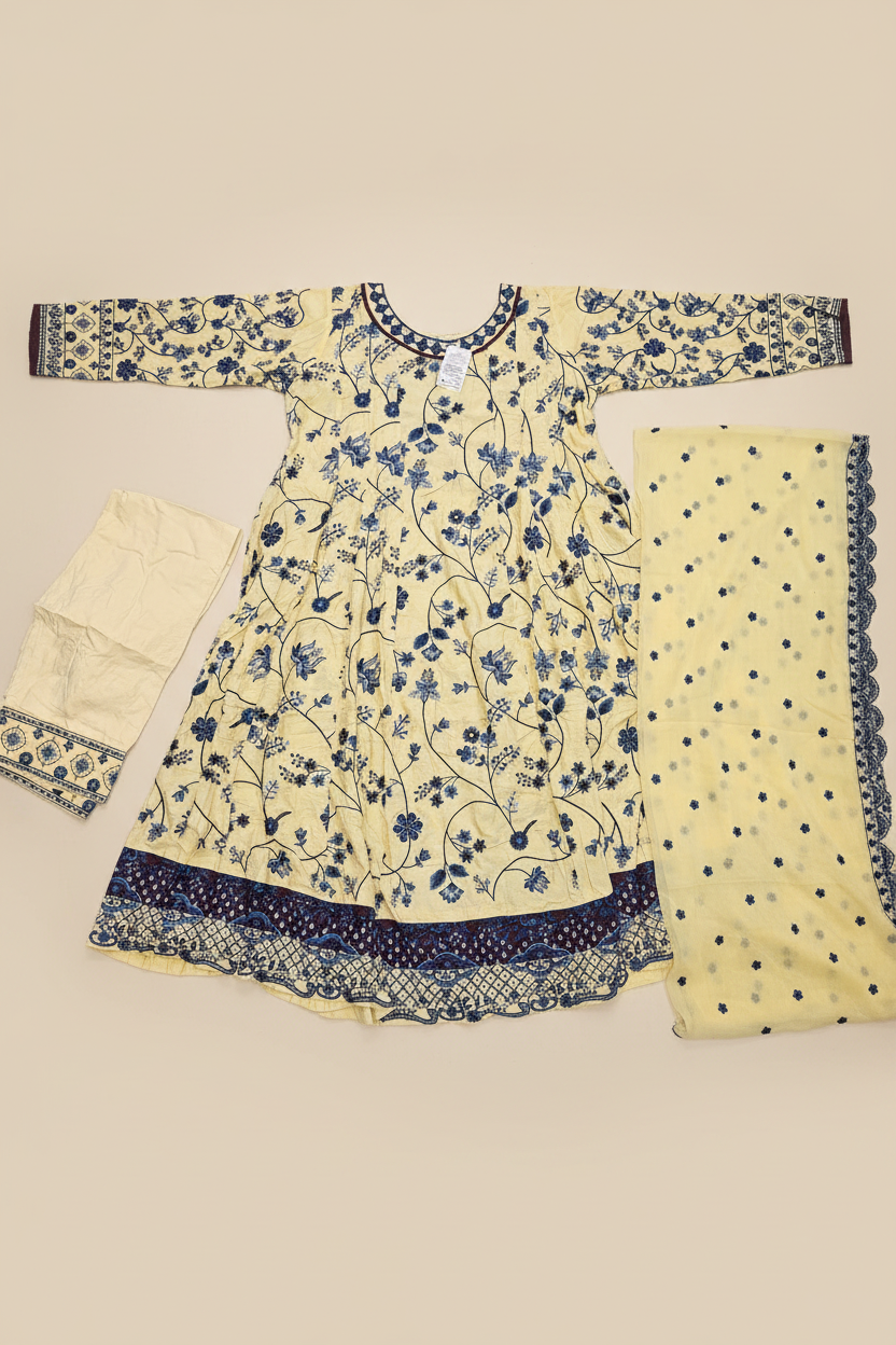 ETHN Butter Yellow , Pale Gray & Muted Periwinkle | Floral Embroidered Linen Dress | Flared Silhouette | Understated Festive Sophistication