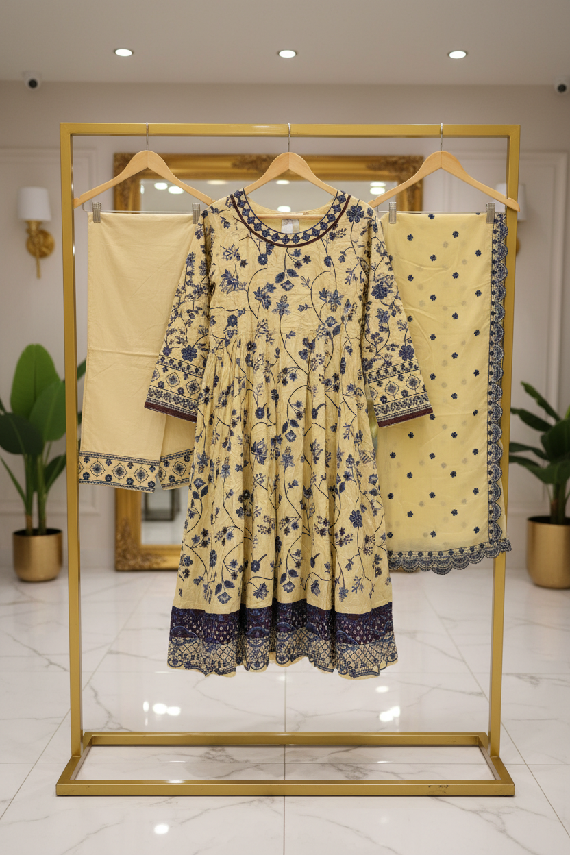 ETHN Butter Yellow , Pale Gray & Muted Periwinkle | Floral Embroidered Linen Dress | Flared Silhouette | Understated Festive Sophistication