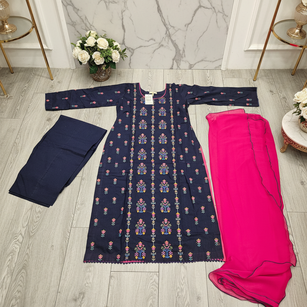 SBR The Midnight Bloom: Pure Cotton Heavy Thread Work Ensemble – Black & Deep Navy Blue with Multi Colour Embroidery | Festive Wear