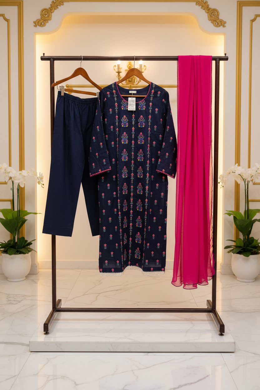 SBR The Midnight Bloom: Pure Cotton Heavy Thread Work Ensemble – Black & Deep Navy Blue with Multi Colour Embroidery | Festive Wear