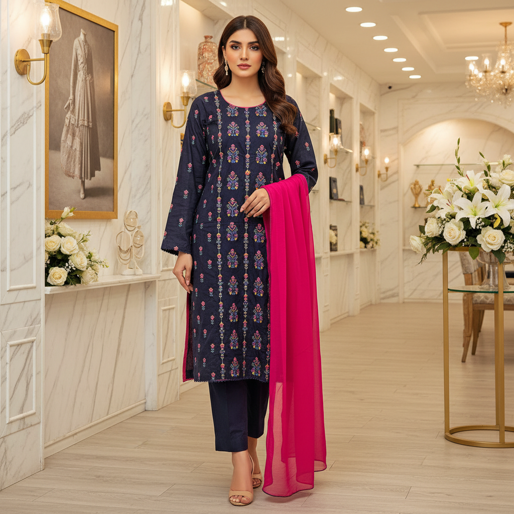 SBR The Midnight Bloom: Pure Cotton Heavy Thread Work Ensemble – Black & Deep Navy Blue with Multi Colour Embroidery | Festive Wear
