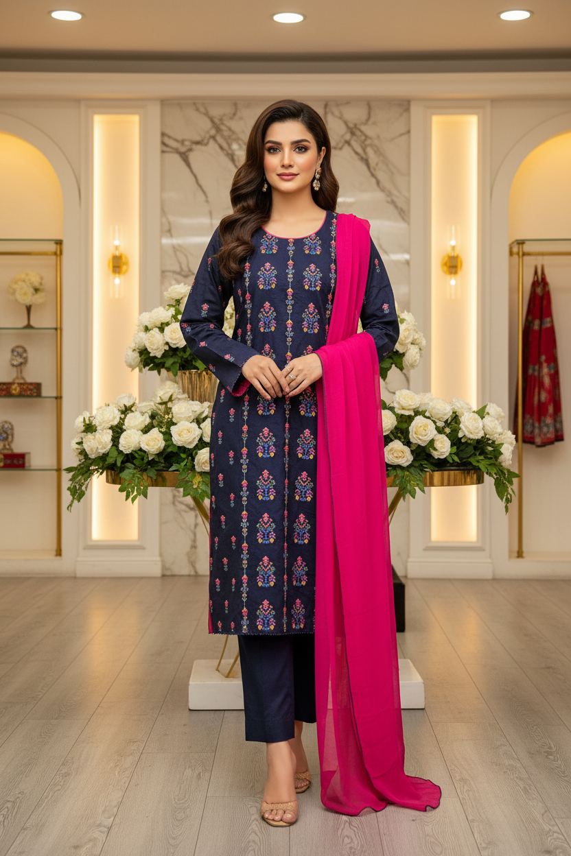 SBR The Midnight Bloom: Pure Cotton Heavy Thread Work Ensemble – Black & Deep Navy Blue with Multi Colour Embroidery | Festive Wear
