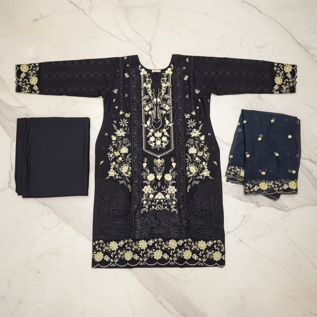 Deep Navy Vintage Garden | Ela Linen 3-Piece for Eid & Special Occasions | Vintage Charm, Modern Comfort | Plus Sizes