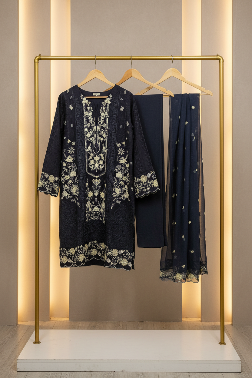 Deep Navy Vintage Garden | Ela Linen 3-Piece for Eid & Special Occasions | Vintage Charm, Modern Comfort | Plus Sizes