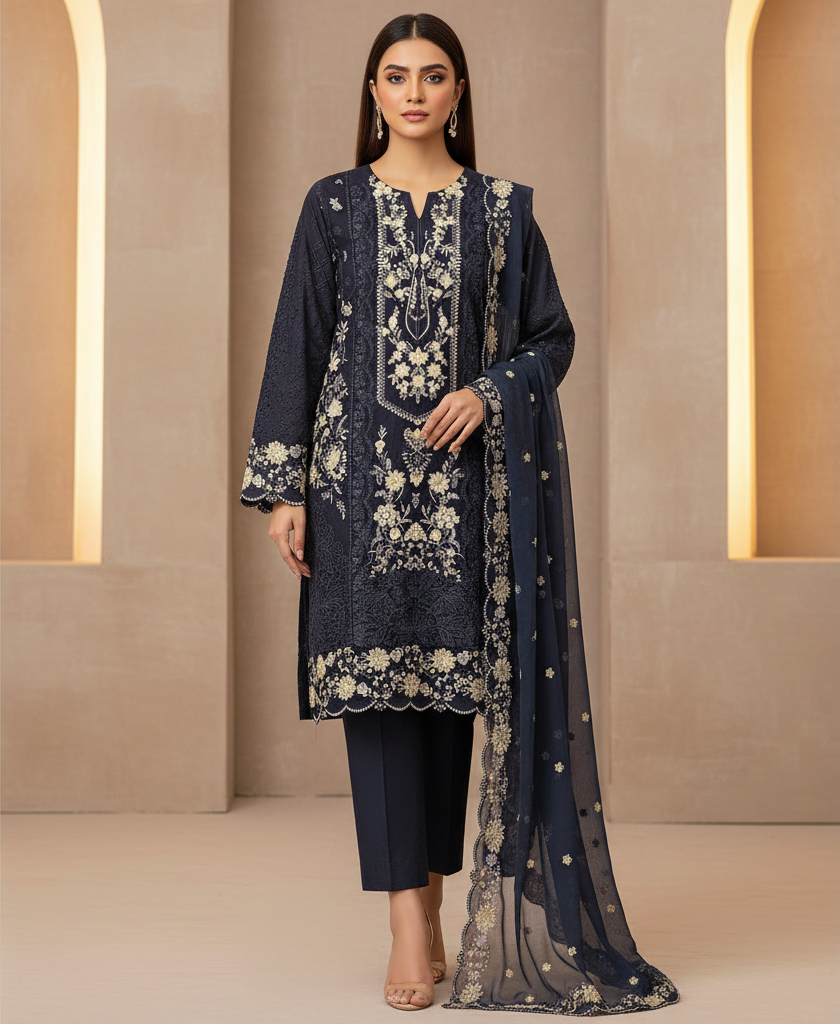 Deep Navy Vintage Garden | Ela Linen 3-Piece for Eid & Special Occasions | Vintage Charm, Modern Comfort | Plus Sizes