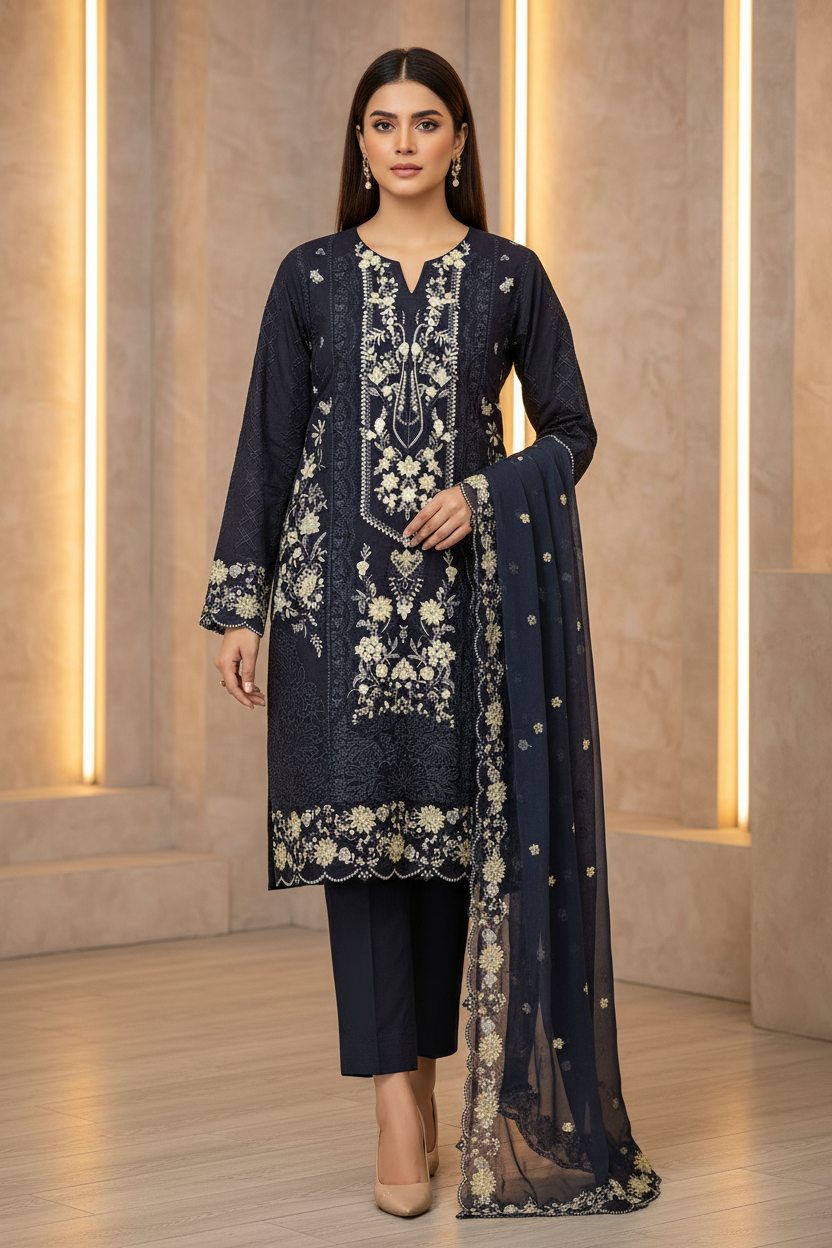 Deep Navy Vintage Garden | Ela Linen 3-Piece for Eid & Special Occasions | Vintage Charm, Modern Comfort | Plus Sizes