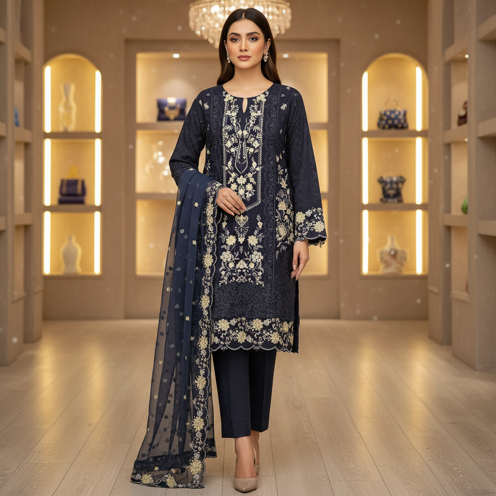 Deep Navy Vintage Garden | Ela Linen 3-Piece for Eid & Special Occasions | Vintage Charm, Modern Comfort | Plus Sizes